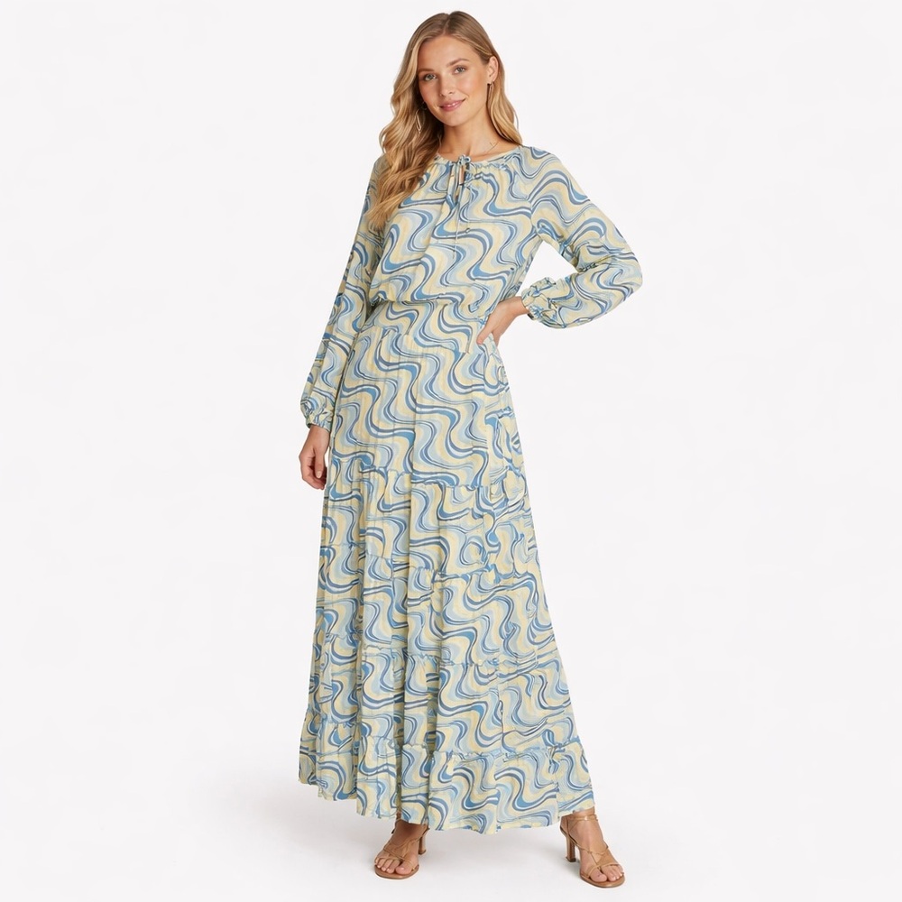 Skemo Blue Yellow Long Dress Beaded Ruffle Hem Small Maxi Tiered Boho Abstract